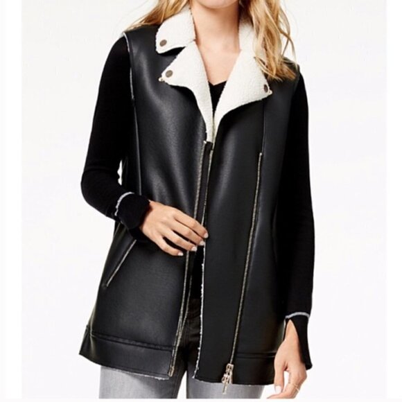 A|X Armani Exchange Biker Faux Shearling Leather Moto Jacket Long Vest size L - Picture 1 of 16